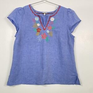 Talbots Blouse Womens MP Petite Blue Floral Embroidered Short Sleeve V Neck Top